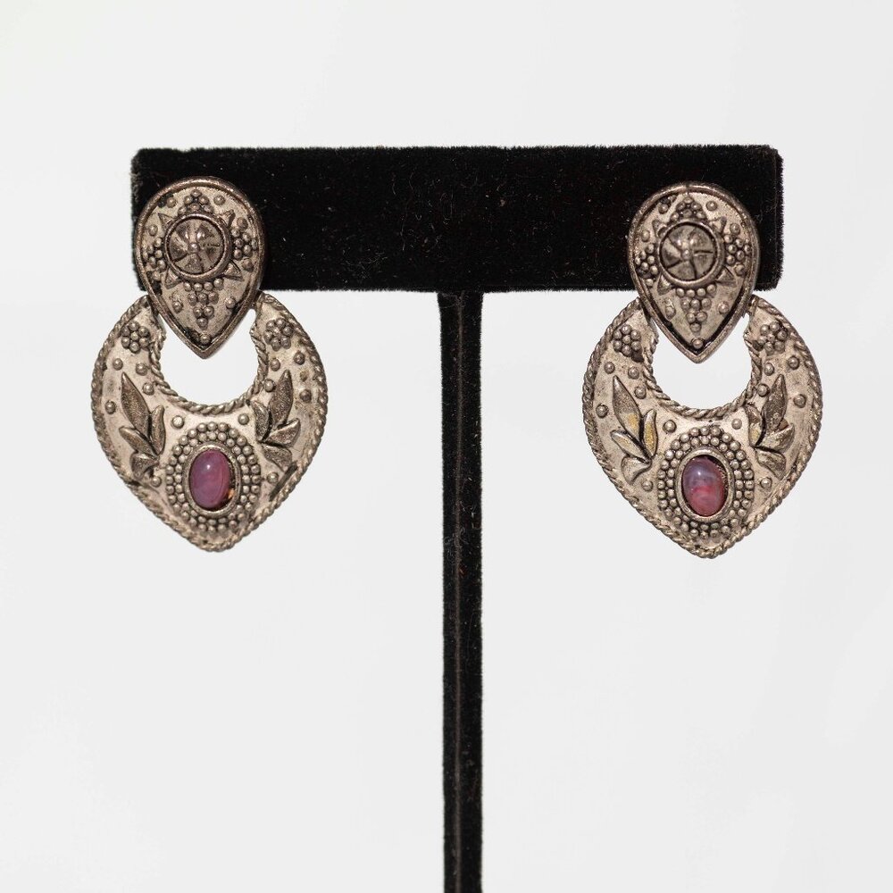 80s Metallic Pink Stone Earrings | Vintage Womens Fashion | Metal Stone Jewelry